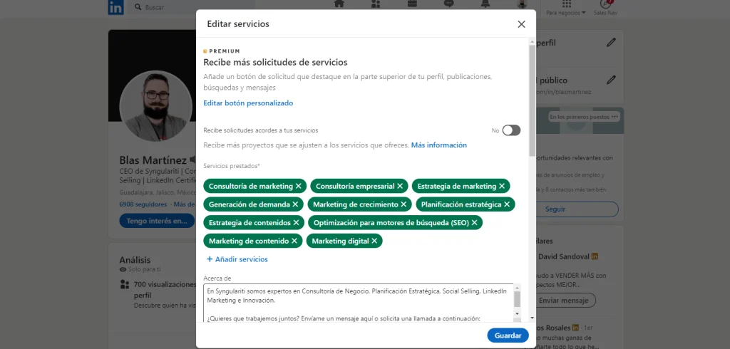 Página de servicios en LinkedIn